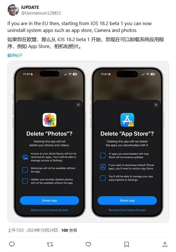 梅里斯达斡尔族苹果手机维修分享iOS 18.2 支持删除 App Store 应用商店 