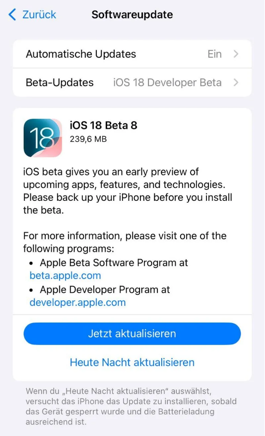 梅里斯达斡尔族苹果手机维修分享苹果 iOS / iPadOS 18 开发者预览版 Beta 8 发布 